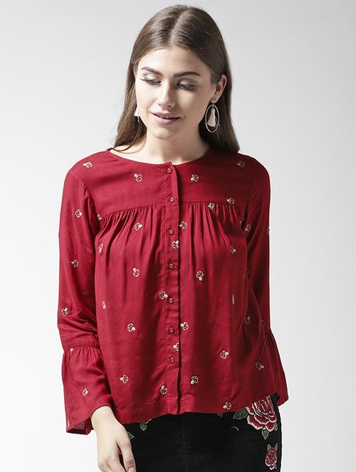 button-up gathered detail embroidered top - 15471530 - Very Small Image - 1