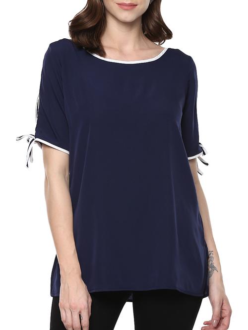 contrast binding split tie sleeve top - 15472814 - Very Small Image - 1