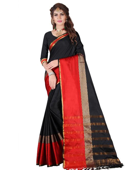 contrast zari border woven saree with blouse - 15473063 - Very Small Image - 1