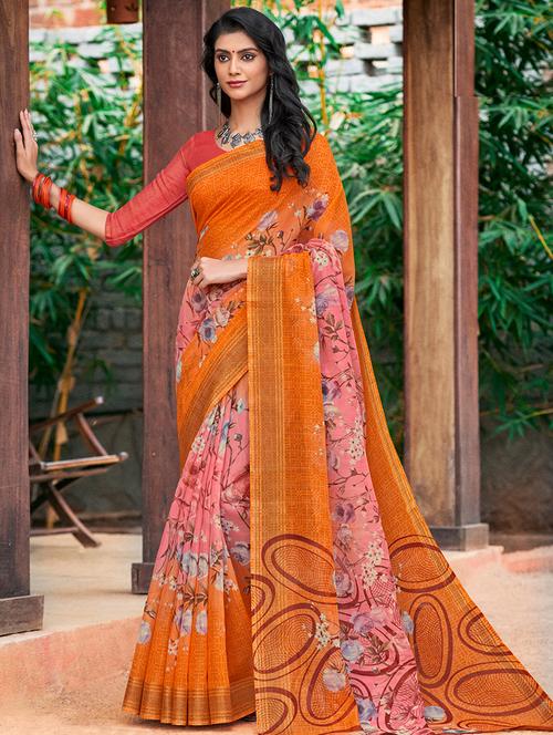 contrast border printed saree with blouse - 15475136 - Very Small Image - 1