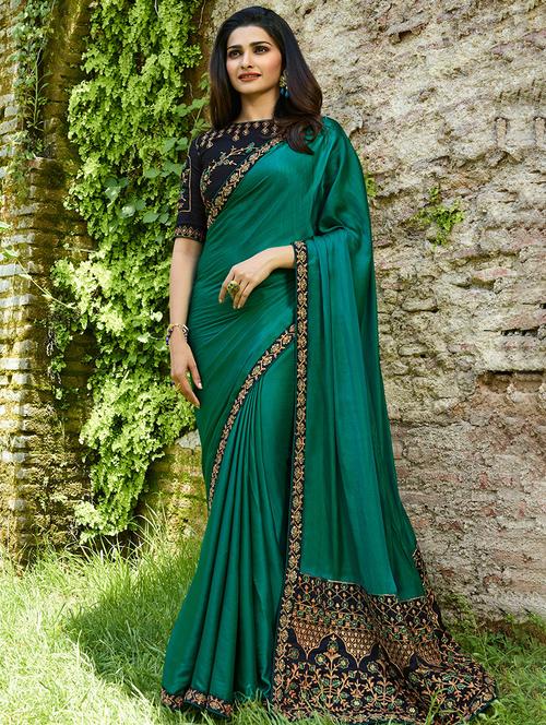 contrast embroidered pallu green saree with blouse - 15475192 - Very Small Image - 1