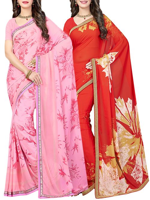 (pack of 2) multicolor georgette printed saree combo with blouse - 15475835 - Very Small Image - 1