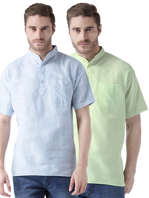 blue and green solid khadi short kurta combo  - 15477432 - Very Small Image - 1
