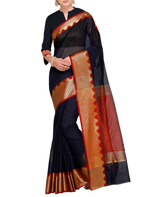contrast zari border woven saree with blouse - 15478789 - Very Small Image - 1