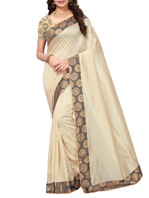 jacquard lace border beige saree with blouse - 15478820 - Very Small Image - 1
