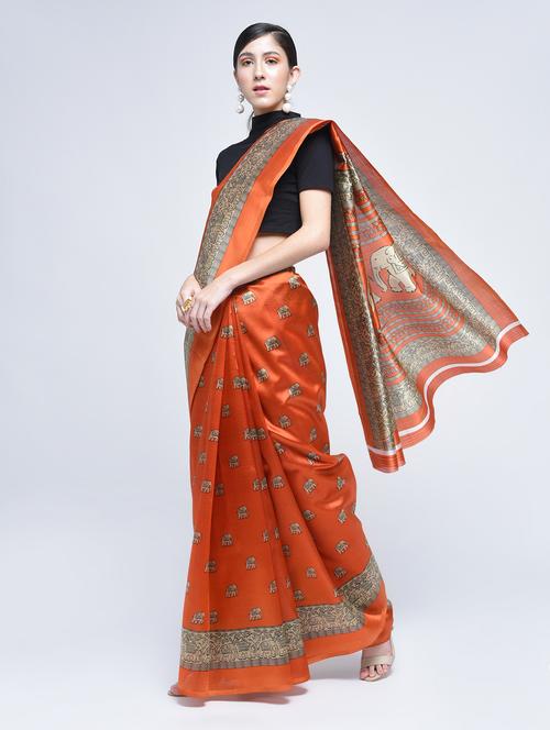 conversational printed orange saree with blouse - 15482380 - Very Small Image - 1