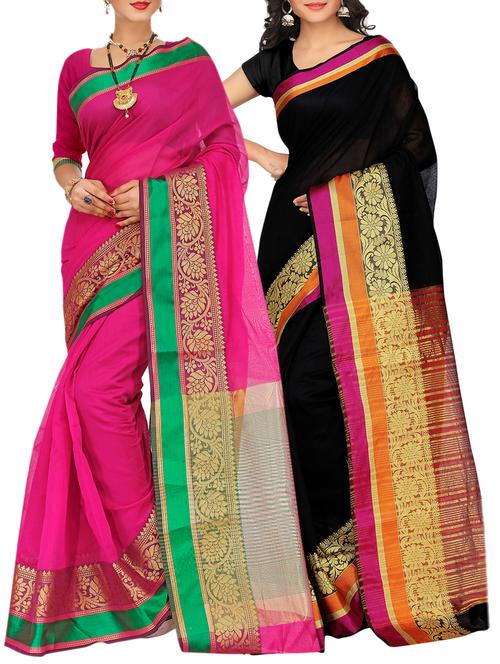 set of 2 zari bordered saree with blouse - 15484330 - Very Small Image - 1