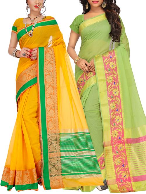 set of 2 zari bordered saree with blouse - 15484358 - Very Small Image - 1
