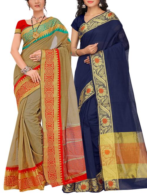 set of 2 zari bordered saree with blouse - 15484360 - Very Small Image - 1