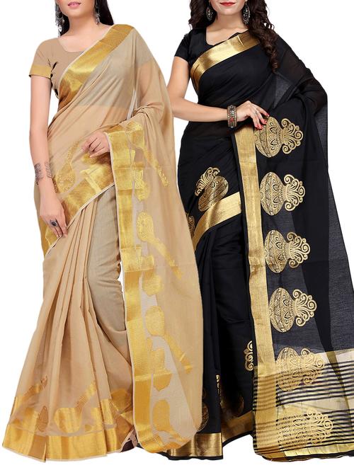 set of 2 zari bordered saree with blouse - 15484413 - Very Small Image - 1