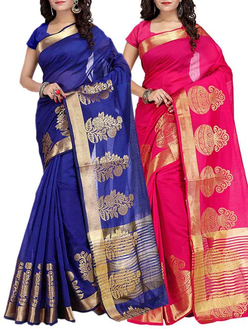 set of 2 zari bordered saree with blouse - 15484417 - Very Small Image - 1