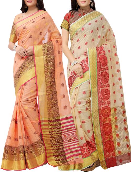 set of 2 zari bordered saree with blouse - 15484435 - Very Small Image - 1