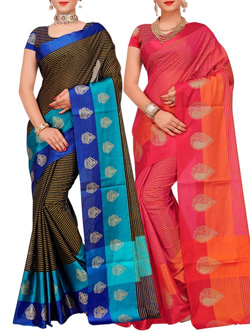 set of 2 zari bordered saree with blouse - 15484459 - Very Small Image - 1