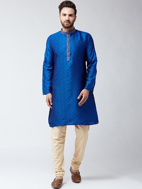 blue & beige silk blend kurta pyjama set - 15484975 - Very Small Image - 1