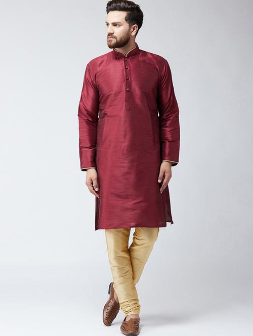 maroon & gold silk blend kurta pyjama set - 15485037 - Very Small Image - 1