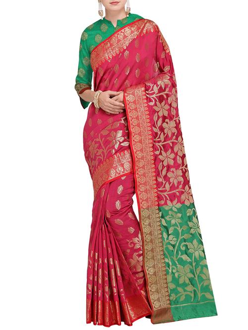 contrast floral pallu banarasi saree with blouse - 15485775 - Very Small Image - 1