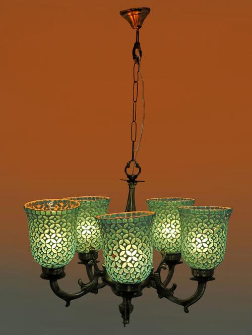 royal chandelier decorate with chips & beeds glass for magical & romantic lighting effect ,5 light ceiling pandent lamp - 15490392 - Very Small Image - 1