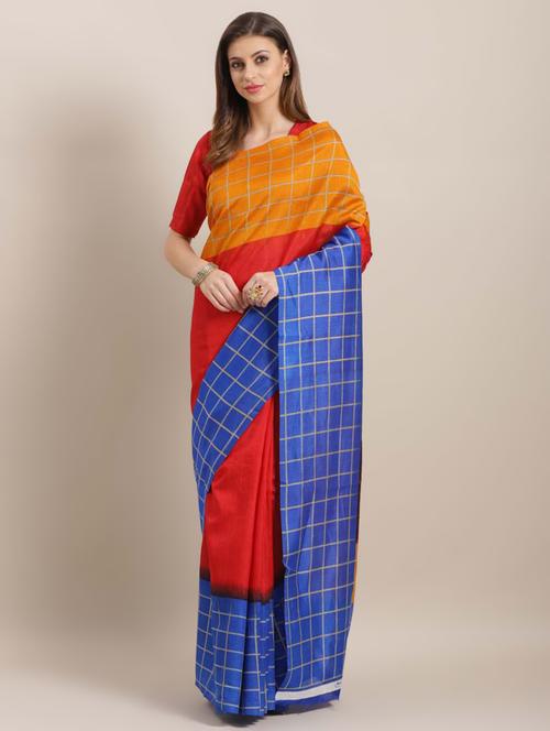 checkered bordered printed saree with blouse - 15494212 - Very Small Image - 1