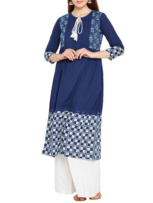 a-line printed kurta with tassels - 15494257 - Very Small Image - 1
