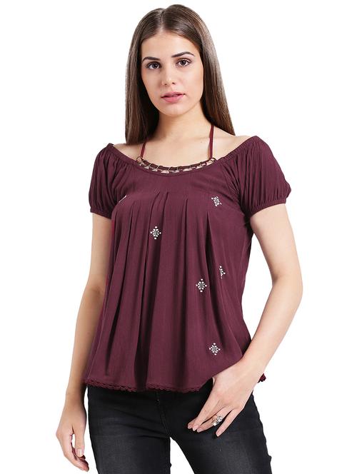 tie-up neck pleat detail embroidered top - 15496616 - Very Small Image - 1