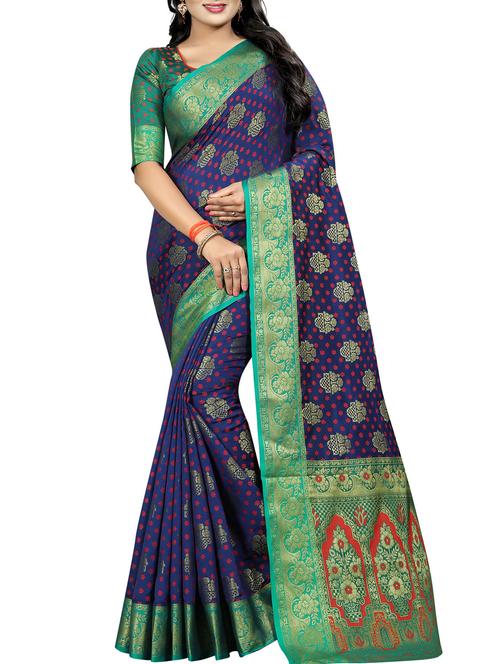 contrast pallu floral kanjivaram saree with blouse - 15496880 - Very Small Image - 1