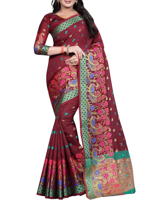 floral zari motif banarasi saree with blouse - 15496882 - Very Small Image - 1