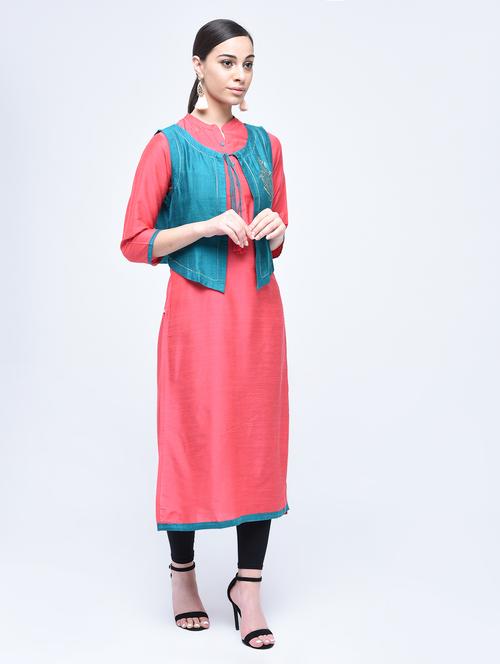 silk straight kurta with jacket - 15501412 - Very Small Image - 1