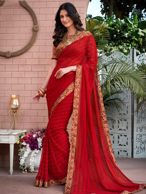 geometrical printed floral border saree with blouse - 15501646 - Very Small Image - 1
