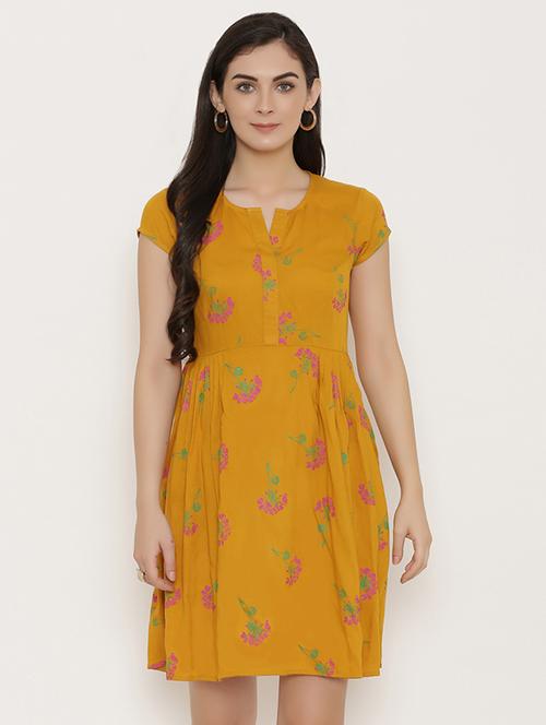 mustard placket detailed printed dress - 15503568 - Very Small Image - 1