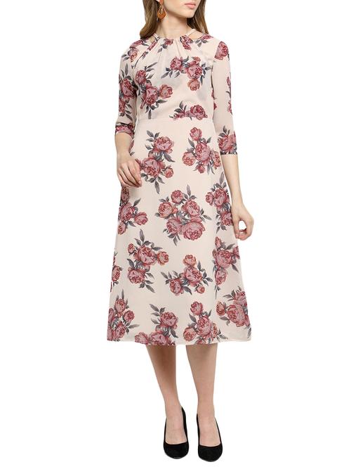 floral gathered back tie neck dress - 15503607 - Very Small Image - 1