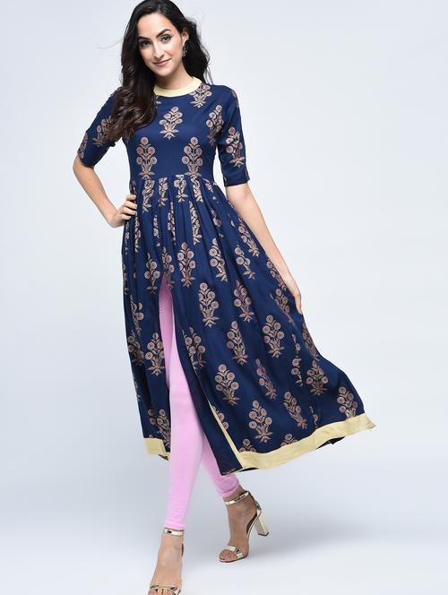 foil printed slit flared kurta - 15505525 - Very Small Image - 1
