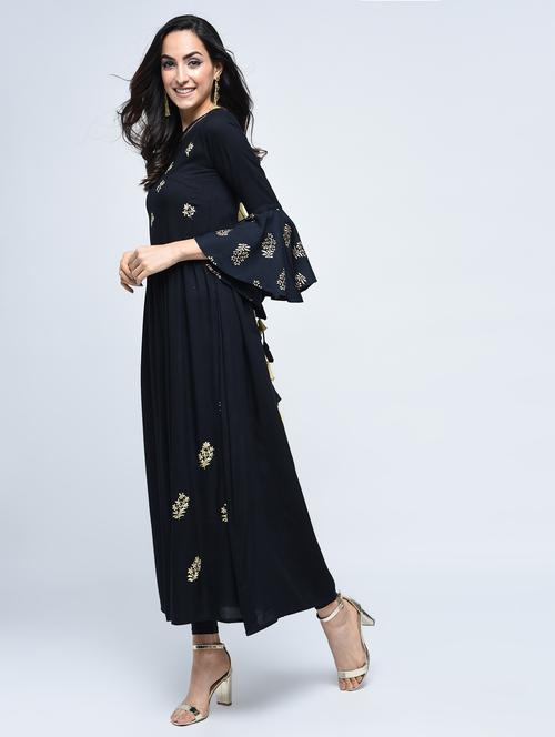 flared block print back tassels kurta - 15505526 - Very Small Image - 1