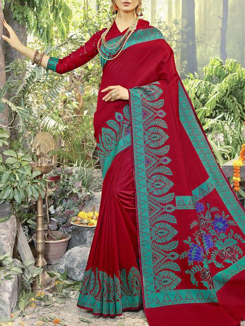 contrast bordered saree with blouse - 15507229 - Very Small Image - 1