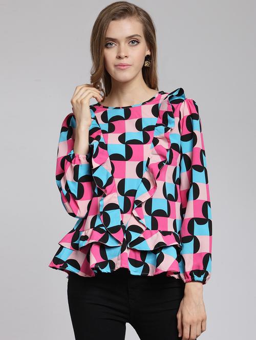 round neck ruffle detailed printed top - 15507446 - Very Small Image - 1