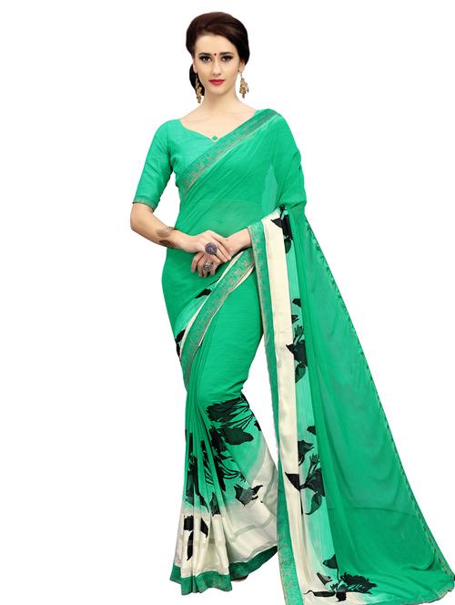 pista green floral printed saree with blouse - 15507745 - Very Small Image - 1