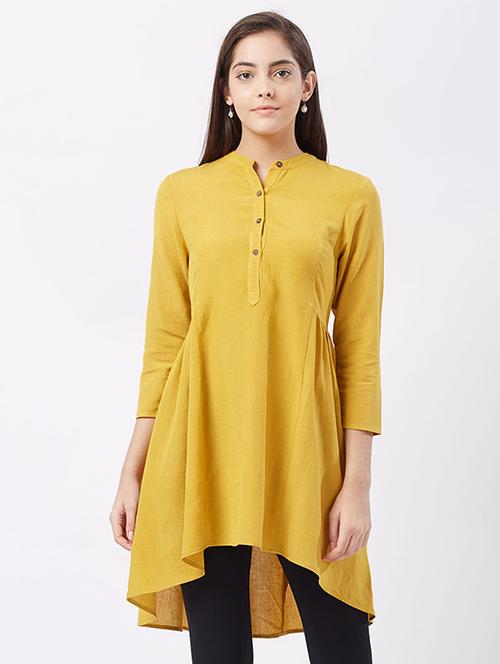 mustard buttoned high-low  kurti - 15511796 - Very Small Image - 1
