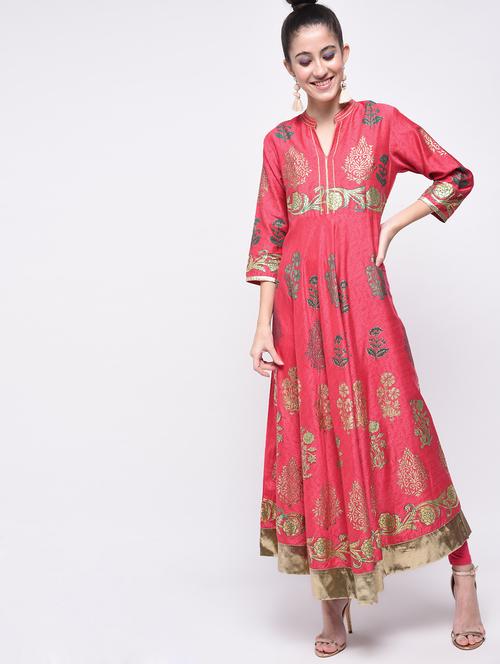 silk flared foil print kurta - 15511918 - Very Small Image - 1