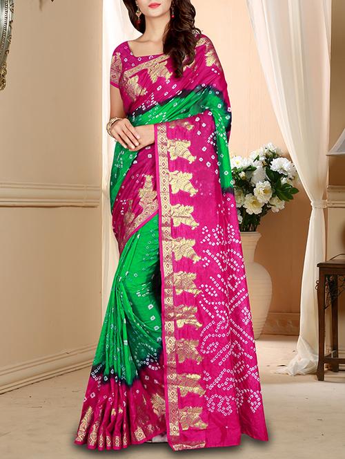 contrast zari border bandhani saree with blouse - 15514886 - Very Small Image - 1