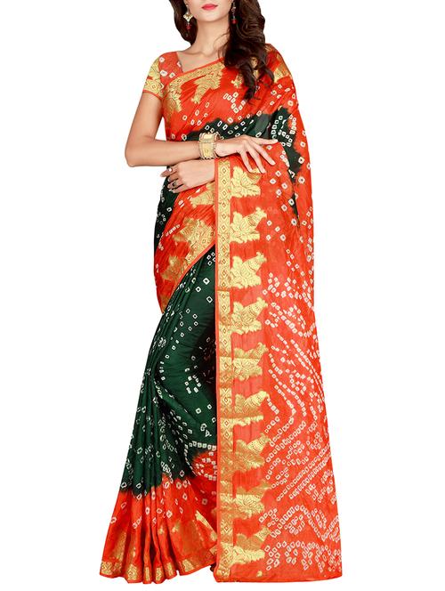contrast zari border bandhani saree with blouse - 15514888 - Very Small Image - 1