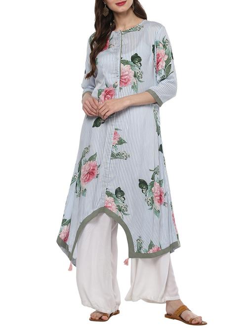 asymmetric stripes floral kurta - 15515137 - Very Small Image - 1