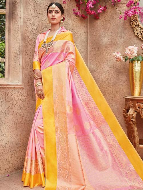 contrast zari border banarasi saree with blouse - 15517255 - Very Small Image - 1