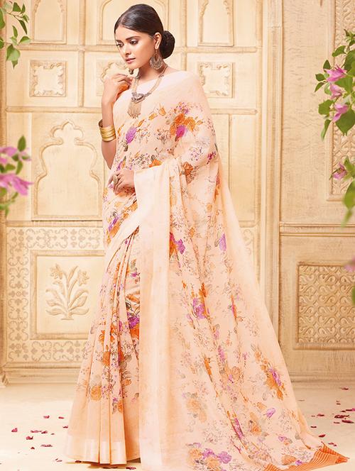 floral printed peach saree with blouse - 15517276 - Very Small Image - 1