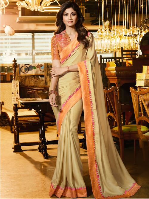golden beige bordered saree with blouse - 15518406 - Very Small Image - 1