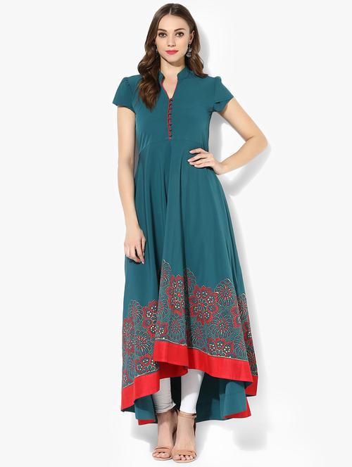 teal high low block print kurta - 15523777 - Very Small Image - 1