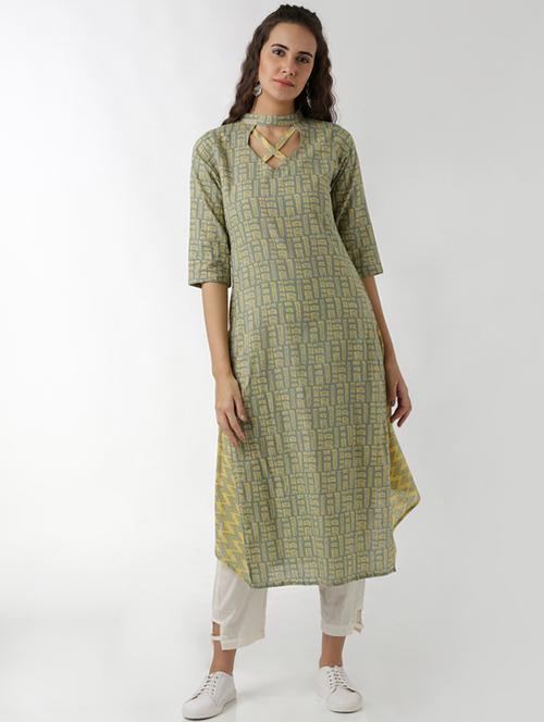 a-line printed neck detail kurta - 15524655 - Very Small Image - 1