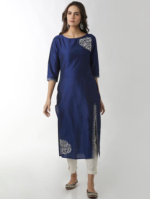 royal blue silk embroidered kurta - 15524730 - Very Small Image - 1