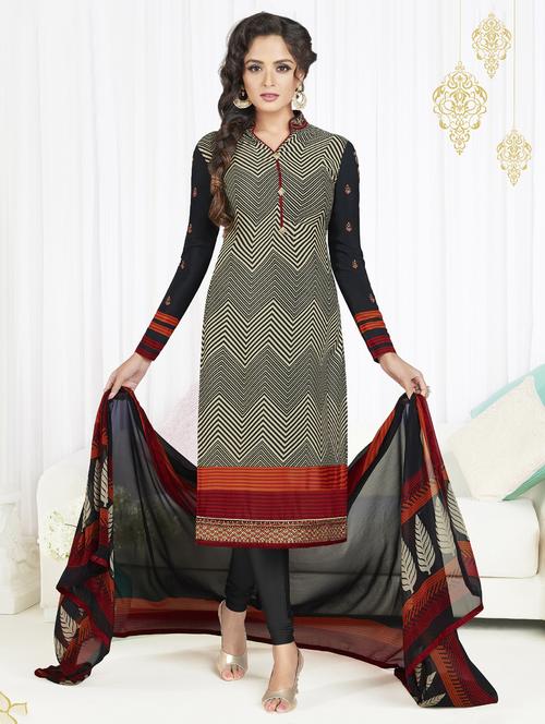 embroidered printed churidaar suit set - 15526303 - Very Small Image - 1