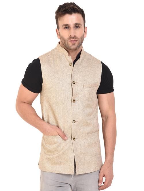 beige cotton nehru jacket - 15528141 - Very Small Image - 1