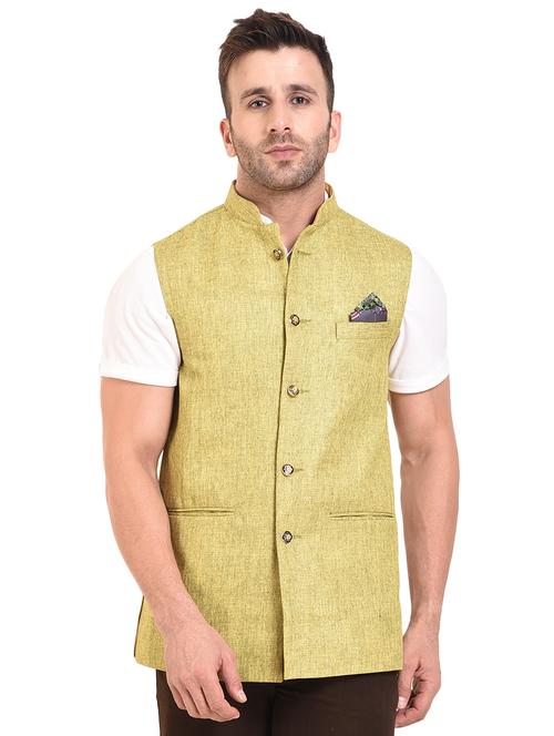 yellow cotton blend nehru jacket - 15528146 - Very Small Image - 1