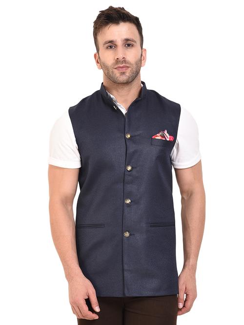 navy blue cotton nehru jacket - 15528157 - Very Small Image - 1